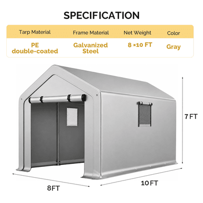COTINSE 8x10 FT Outdoor Storage Shed, Waterproof Portable Bike Storage Tent with Roll-Up Zipper Door, 2 Windows, Heavy Duty Frame and Ground Stakes for Bicycles, Garden Tools and Firewood