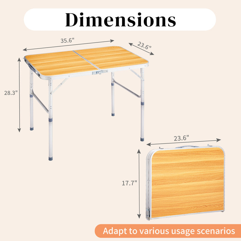 COTINSE 3 FT Adjustable Height Aluminum Folding Table with Carry Handle, Portable Camping Picnic Dining Table for Indoor Outdoor Use, Woodgrain
