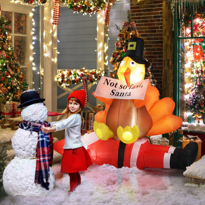 COTINSE 4.9 FT Christmas Inflatable Decorations Outdoor, Turkey Sitting on Santa Claus Blow Up Yard Decoration with Built-in LED Lights