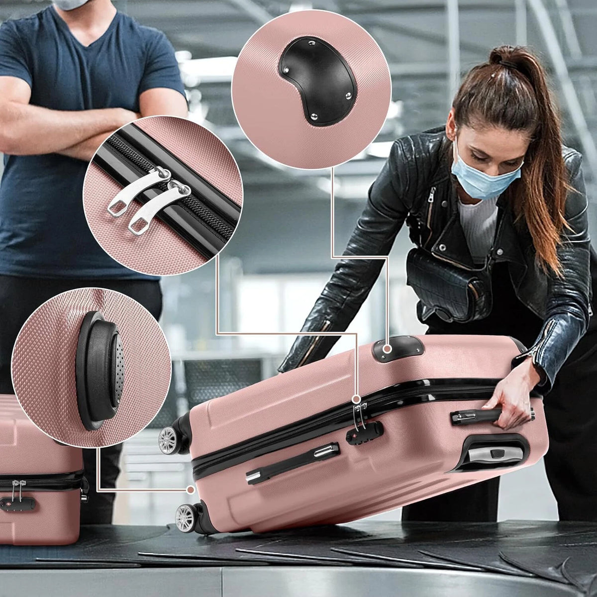 Cotinse 3 Piece Luggage Sets Hardshell Lightweight Suitcase with TSA Lock Spinner Wheels,Rose Gold