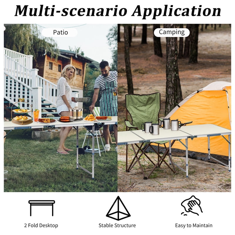 COTINSE 6 FT Adjustable Height Aluminum Folding Table with Carry Handle, Portable Camping Picnic Dining Table for Party Indoor Outdoor Use, Beige