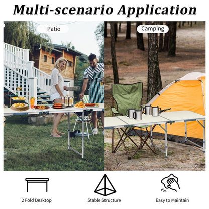 COTINSE 6 FT Adjustable Height Aluminum Folding Table with Carry Handle, Portable Camping Picnic Dining Table for Party Indoor Outdoor Use, Beige