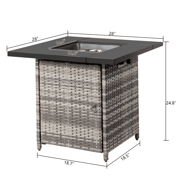 COTINSE 28" Propane Fire Pit Table, 50,000 BTU 2-in-1 Outdoor Gas Fire Table with Metal Lid, Lava Rocks, Pulse Ignition and Wicker Base for Patio Backyard Garden, Gray