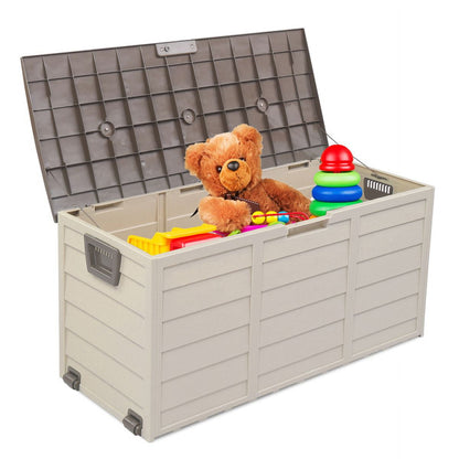COTINSE 75 Gallon Outdoor Storage Deck Box with Wheels, Weatherproof Resin Garden Chest for Patio Cushions, Pool Toys & Gardening Tools, Brown