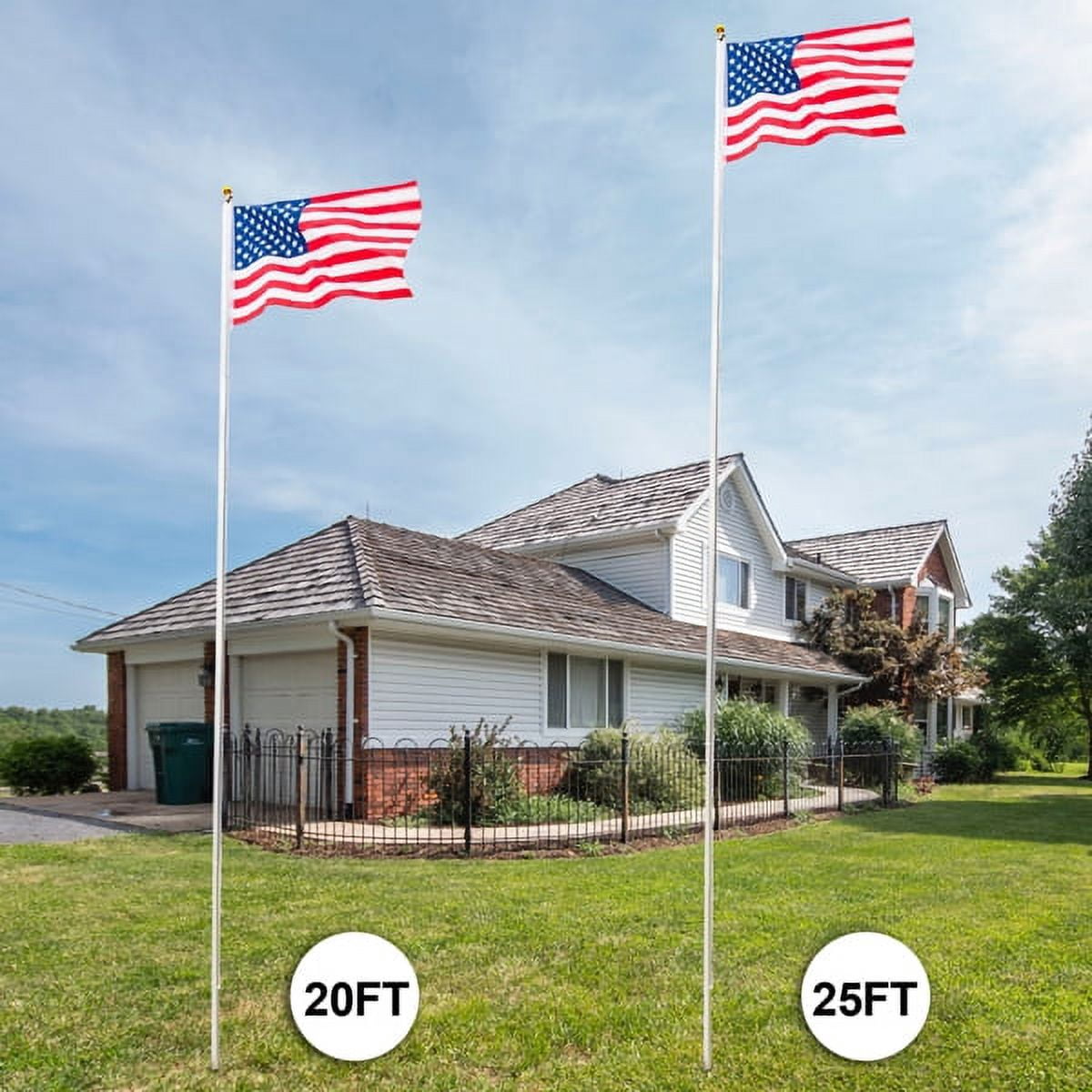 COTINSE 25FT Sectional Aluminum Flag Pole Kit with 2PCS 3x5 FT American Flags, Gold Ball Finial, Halyard Rope and PVC Sleeve for Outdoor Yard