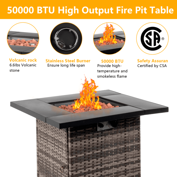 COTINSE 28" Propane Fire Pit Table, 50,000 BTU 2-in-1 Outdoor Gas Fire Table with Metal Lid, Lava Rocks, Pulse Ignition and Wicker Base for Patio Backyard Garden, Gray