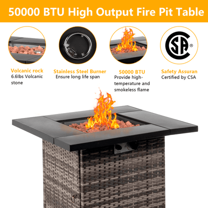 COTINSE 28" Propane Fire Pit Table, 50,000 BTU 2-in-1 Outdoor Gas Fire Table with Metal Lid, Lava Rocks, Pulse Ignition and Wicker Base for Patio Backyard Garden, Gray