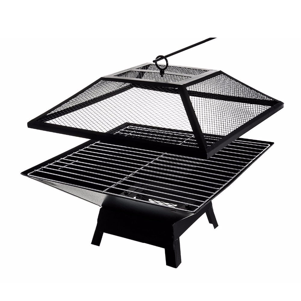 COTINSE 3-in-1 Square Fire Pit for Outside, 19-Inch Wood Burning Fireplace with BBQ Grill, Mesh Lid and Fire Poker, Black - image 3