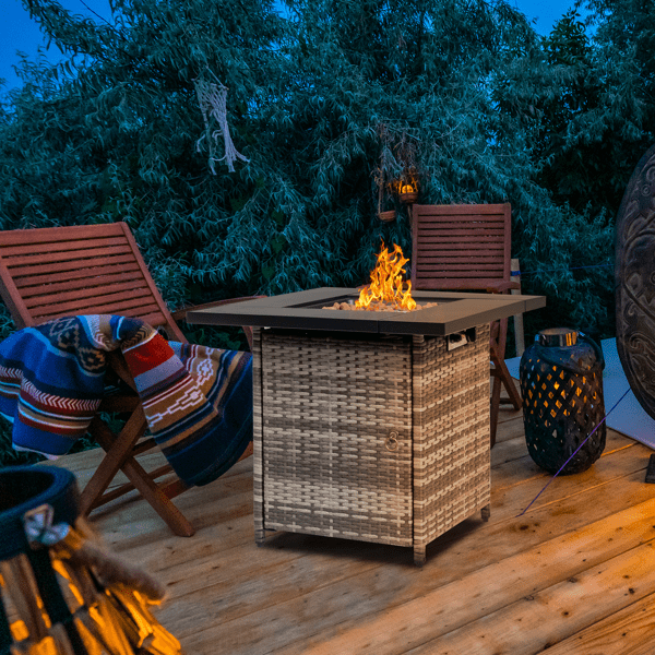 COTINSE 28" Propane Fire Pit Table, 50,000 BTU 2-in-1 Outdoor Gas Fire Table with Metal Lid, Lava Rocks, Pulse Ignition and Wicker Base for Patio Backyard Garden, Gray