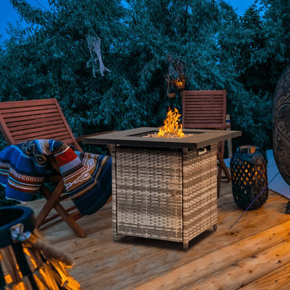 COTINSE 28" Propane Fire Pit Table, 50,000 BTU 2-in-1 Outdoor Gas Fire Table with Metal Lid, Lava Rocks, Pulse Ignition and Wicker Base for Patio Backyard Garden, Gray