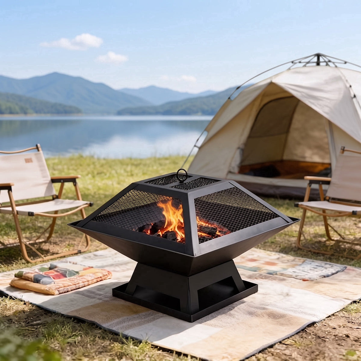 COTINSE 3-in-1 Square Fire Pit for Outside, 19-Inch Wood Burning Fireplace with BBQ Grill, Mesh Lid and Fire Poker, Black - image 1