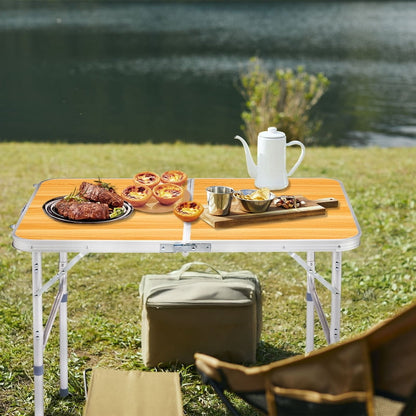 COTINSE 3 FT Adjustable Height Aluminum Folding Table with Carry Handle, Portable Camping Picnic Dining Table for Indoor Outdoor Use, Woodgrain