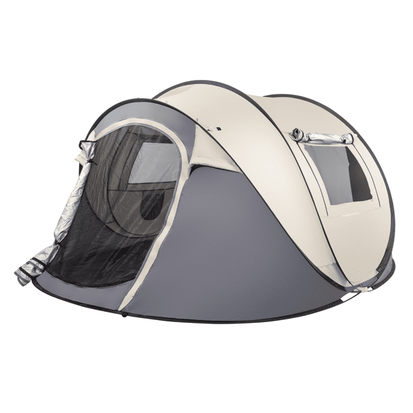 COTINSE Instant Pop Up Camping Tent, 4 Person Waterproof Family Tent with Front Awning, Dual Mesh Doors, Storage Pockets and Carry Bag for Camping, Traveling, Khaki