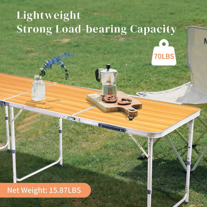 COTINSE 6 FT Adjustable Height Aluminum Folding Table with Carry Handle, Portable Camping Picnic Dining Table for Party Indoor Outdoor Use, Woodgrain
