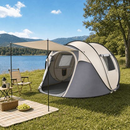 COTINSE Instant Pop Up Camping Tent, 4 Person Waterproof Family Tent with Front Awning, Dual Mesh Doors, Storage Pockets and Carry Bag for Camping, Traveling, Khaki