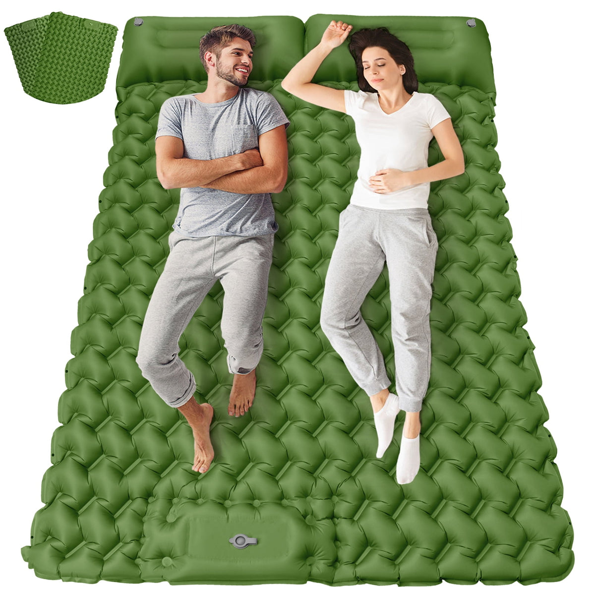Cotinse Double Camping Sleeping Pad - Self Inflating 4" Extra-Thick for 2 Person with Pillow Built-in Foot Pump Inflatable Sleeping Mat for Backpacking, Traveling, Portable Camping Mat,Green