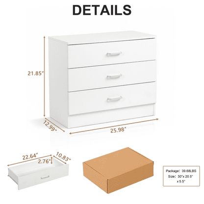 COTINSE 3-Drawer Dresser, White Nightstand Bedside Table, Wide Storage Cabinet with Drawers for Bedroom, Living Room, Home Office