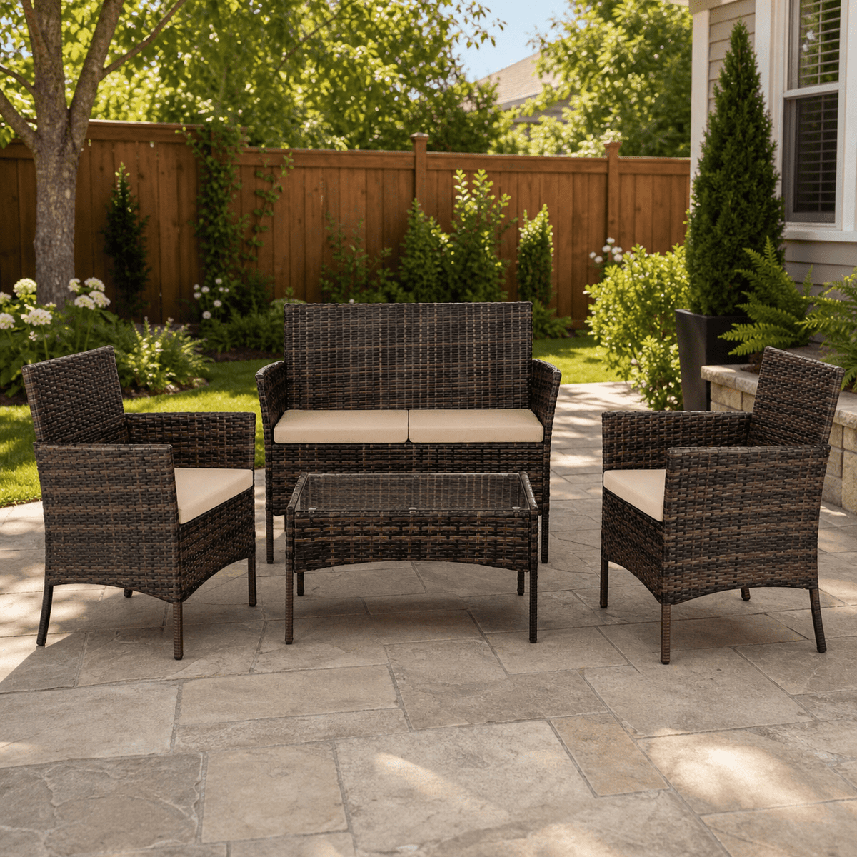 COTINSE 4 Piece Patio Conversation Set, Outdoor PE Rattan Wicker Furniture Set with 2 Armchairs, Loveseat, Tempered Glass Coffee Table & Cushions, Brown