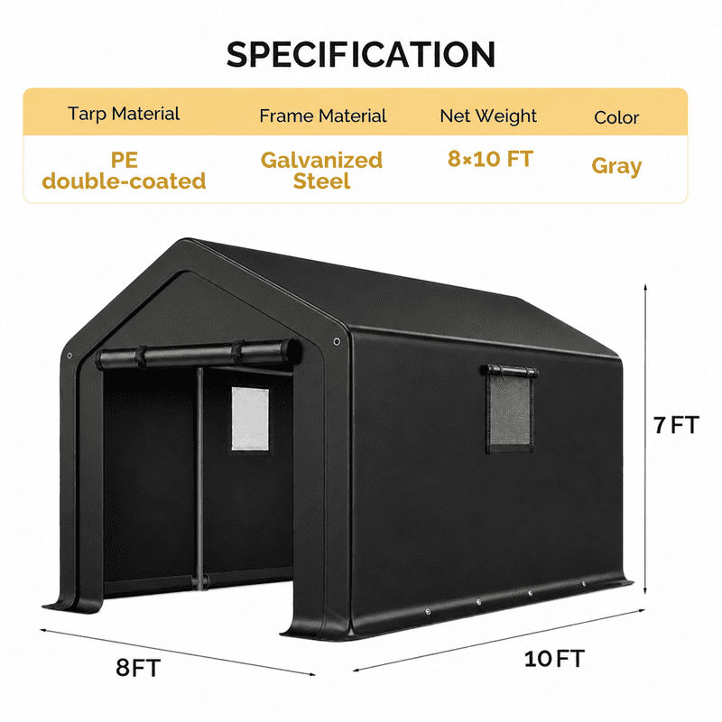 COTINSE 8x10 FT Outdoor Storage Shed, Waterproof Portable Bike Storage Tent with Roll-Up Zipper Door, 2 Windows, Heavy Duty Frame and Ground Stakes for Bicycles, Garden Tools and Firewood