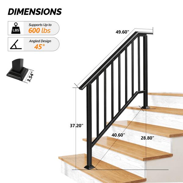 COTINSE Heavy-Duty Wrought Iron Handrails for Outdoor Steps, Fits 3 to 4 Steps, 600lbs Support Metal Stair Railing for Concrete or Wood,Black