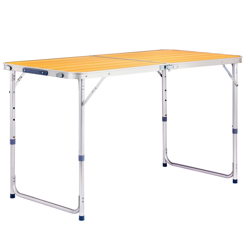 COTINSE 4 FT Adjustable Height Aluminum Folding Table with Carry Handle, Portable Camping Picnic Dining Table for Indoor Outdoor Party, Woodgrain