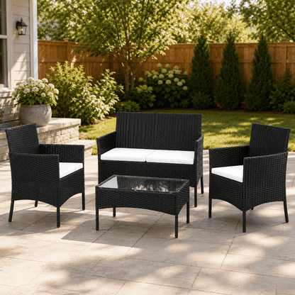 COTINSE 4 Piece Patio Conversation Set, Outdoor PE Rattan Wicker Furniture Set with 2 Armchairs, Loveseat, Tempered Glass Coffee Table & Cushions, Black