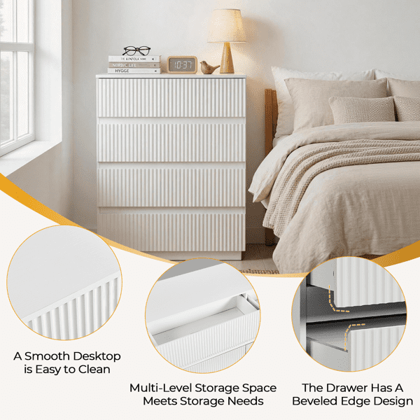 COTINSE 4-Drawer Dresser, White Handleless Nightstand with Grille Fronts, Engineered Wood Storage Cabinet for Bedroom, 23.62 in Wide