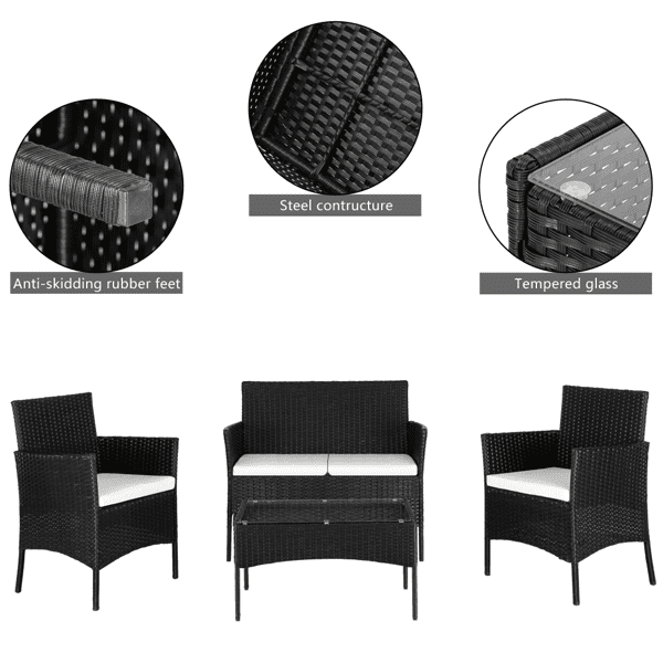 COTINSE 4 Piece Patio Conversation Set, Outdoor PE Rattan Wicker Furniture Set with 2 Armchairs, Loveseat, Tempered Glass Coffee Table & Cushions, Black