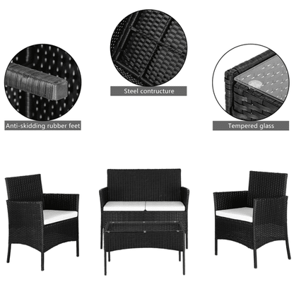 COTINSE 4 Piece Patio Conversation Set, Outdoor PE Rattan Wicker Furniture Set with 2 Armchairs, Loveseat, Tempered Glass Coffee Table & Cushions, Black