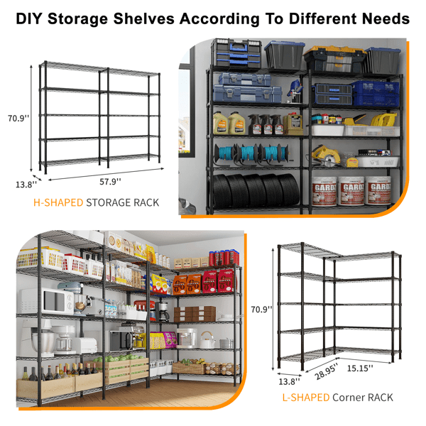 COTINSE 5-Tier Wire Shelving Unit, 58"W x 14"D x 71"H, 1500 lbs Metal Storage Rack with Adjustable Shelves, Freestanding Garage Shelf for Kitchen Pantry Warehouse