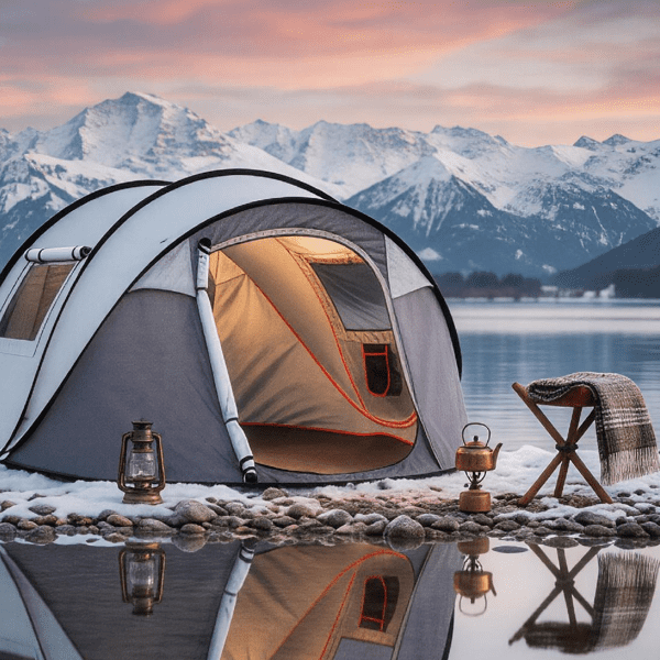 COTINSE Instant Pop Up Camping Tent, 4 Person Waterproof Family Tent with Front Awning, Dual Mesh Doors, Storage Pockets and Carry Bag for Camping, Traveling, Light Gray