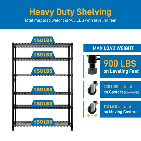 Cotinse 6 Tier Wire Shelving with Wheels 2400LBS Capacity, Heavy Duty Storage Rack for Home Garage, 46"W x 18"D x 82"H Adjustable Shelves, Silver