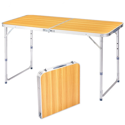 COTINSE 4 FT Adjustable Height Aluminum Folding Table with Carry Handle, Portable Camping Picnic Dining Table for Indoor Outdoor Party, Woodgrain