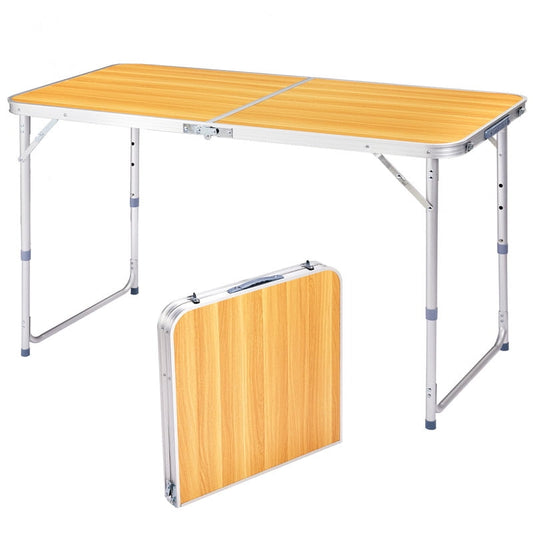 COTINSE 4 FT Adjustable Height Aluminum Folding Table with Carry Handle, Portable Camping Picnic Dining Table for Indoor Outdoor Party, Woodgrain