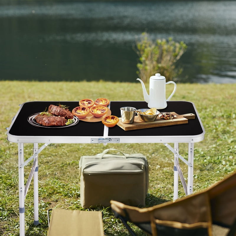 COTINSE 3 FT Adjustable Height Aluminum Folding Table with Carry Handle, Portable Camping Picnic Dining Table for Indoor Outdoor Use, Black