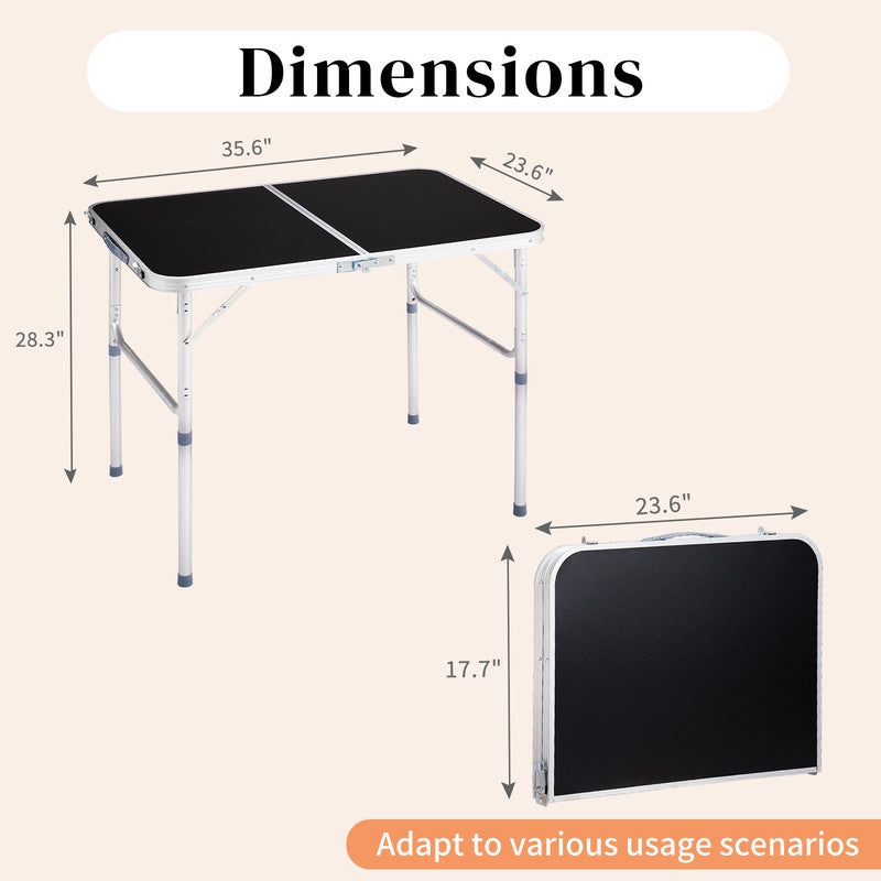 COTINSE 3 FT Adjustable Height Aluminum Folding Table with Carry Handle, Portable Camping Picnic Dining Table for Indoor Outdoor Use, Black