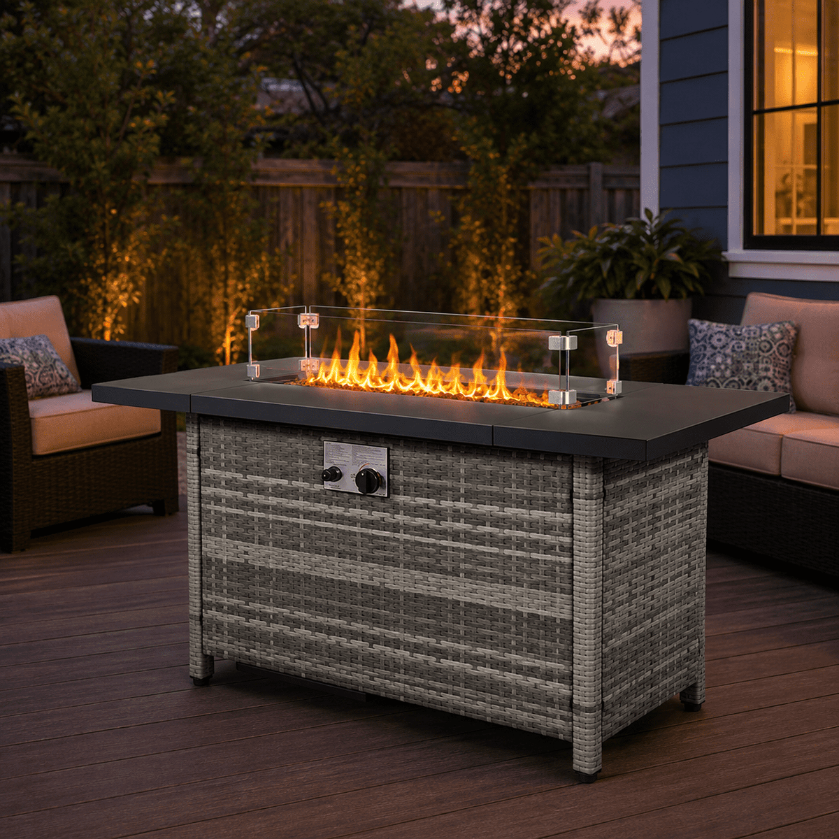 COTINSE 43" Propane Fire Pit Table, 50,000 BTU Outdoor Gas Fire Table with Glass Wind Guard, Lid, Lava Rocks and Wicker Base for Patio, Backyard and Garden, Gray