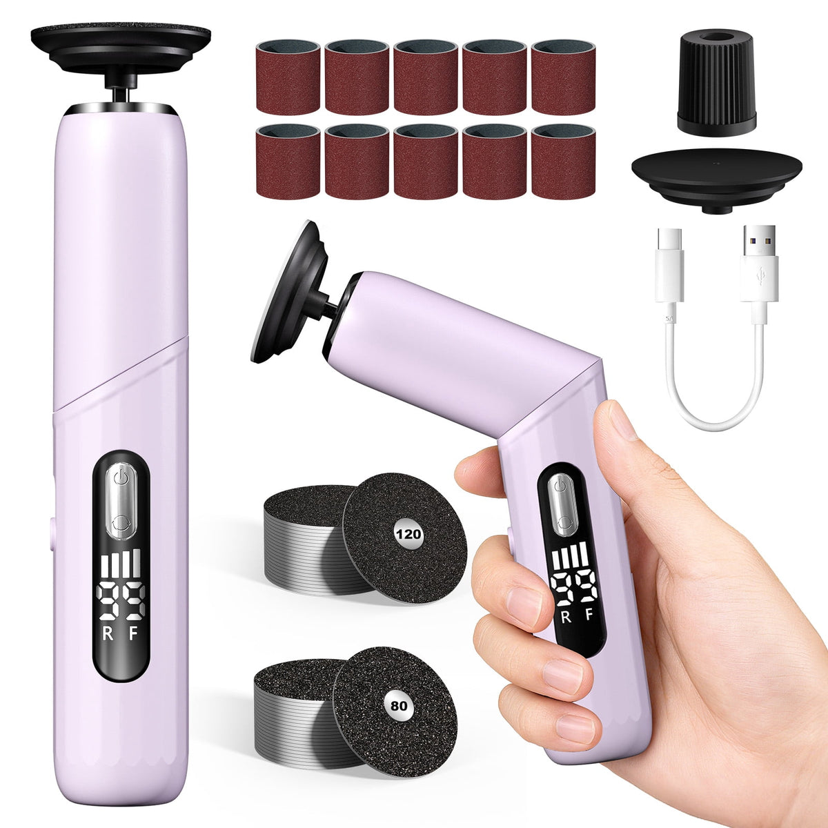 Cotinse Electric Foot Callus Remover, Foldable Design, Rechargeable Electric Foot File, 2-in-1 Grinding Heads for Large Area Callus Removal and Nail Drill, 0-900RPM Nail Care,Purple