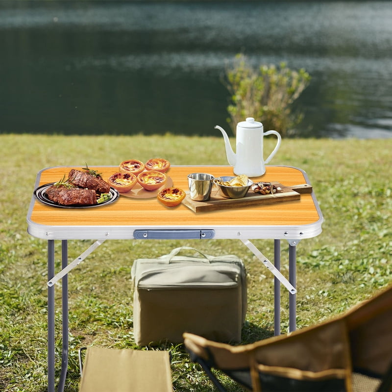 COTINSE 2.3 FT Portable Aluminum Folding Table with Carry Handle, Camping Picnic Dining Table for Indoor Outdoor Party, Woodgrain