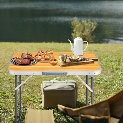 COTINSE 2.3 FT Portable Aluminum Folding Table with Carry Handle, Camping Picnic Dining Table for Indoor Outdoor Party, Woodgrain