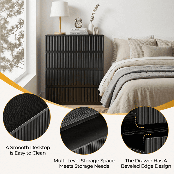 COTINSE 4-Drawer Dresser, Black Handleless Nightstand with Grille Fronts, Engineered Wood Storage Cabinet for Bedroom, 23.62 in Wide