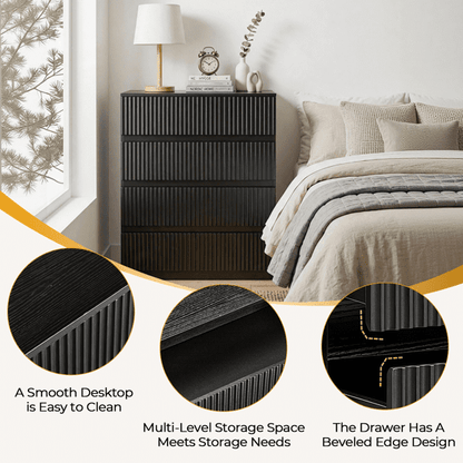 COTINSE 4-Drawer Dresser, Black Handleless Nightstand with Grille Fronts, Engineered Wood Storage Cabinet for Bedroom, 23.62 in Wide