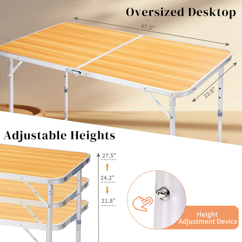 COTINSE 4 FT Adjustable Height Aluminum Folding Table with Carry Handle, Portable Camping Picnic Dining Table for Indoor Outdoor Party, Woodgrain