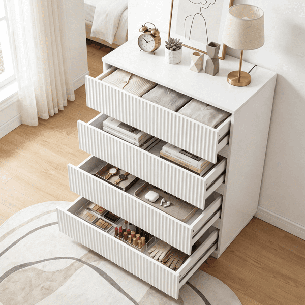 COTINSE 4-Drawer Dresser, White Handleless Nightstand with Grille Fronts, Engineered Wood Storage Cabinet for Bedroom, 23.62 in Wide
