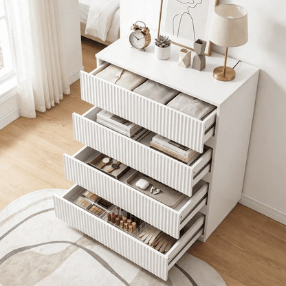 COTINSE 4-Drawer Dresser, White Handleless Nightstand with Grille Fronts, Engineered Wood Storage Cabinet for Bedroom, 23.62 in Wide