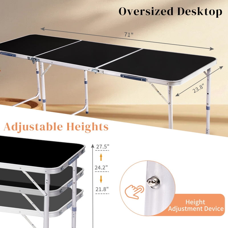 COTINSE 6 FT Adjustable Height Aluminum Folding Table with Carry Handle, Portable Camping Picnic Dining Table for Party Indoor Outdoor Use, Black