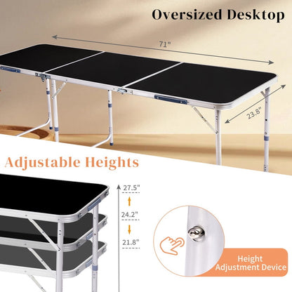 COTINSE 6 FT Adjustable Height Aluminum Folding Table with Carry Handle, Portable Camping Picnic Dining Table for Party Indoor Outdoor Use, Black