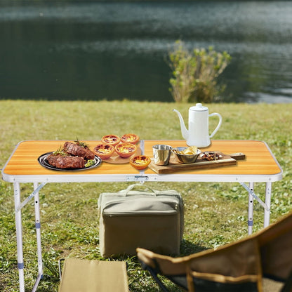 COTINSE 4 FT Adjustable Height Aluminum Folding Table with Carry Handle, Portable Camping Picnic Dining Table for Indoor Outdoor Party, Woodgrain
