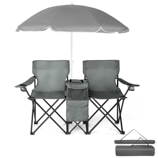 Cotinse Portable 2-Seat Double Folding Chair with Removable Sun Umbrella, Heavy Duty Gray Camping Chair for Two, Modern Outdoor Picnic Chair for Sports, Beach and Backyard, Gray