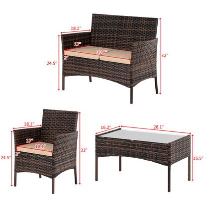 COTINSE 4 Piece Patio Conversation Set, Outdoor PE Rattan Wicker Furniture Set with 2 Armchairs, Loveseat, Tempered Glass Coffee Table & Cushions, Brown